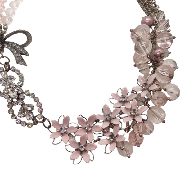 Romantic Pink Statement Necklace with Bow & Floral Beads, Vintage Inspired - Picture 12 of 16
